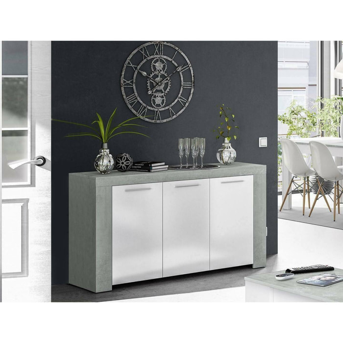 Credenza Bellevue, Madia moderna a 3 ante, Buffet da soggiorno, Mobile porta TV, Madia per salotto, cm 144x42h80, Cemento e Bianco