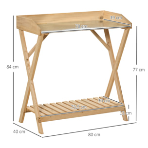 Table de rempotage jardinage - étagère à lattes - plateau tôle acier galvanisé avec rebords - bois sapin pré-huilé