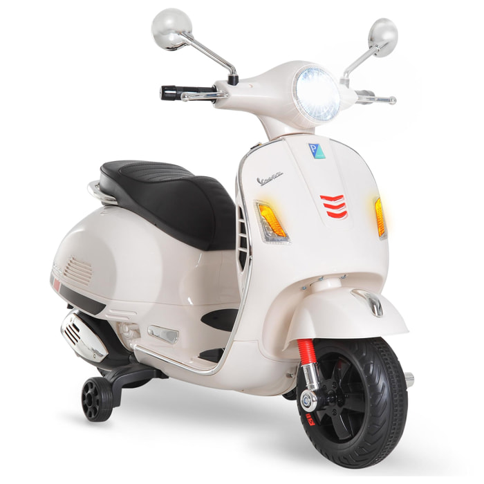 Scooter moto électrique enfants 6 V dim. 102L x 51l x 76H cm musique MP3 port USB klaxon phare feu AR blanc Vespa