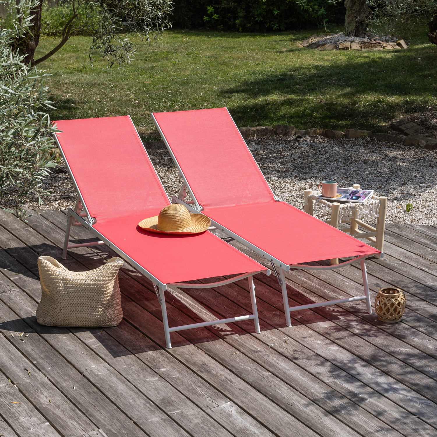 Lot de 2 bains de soleil pliants SICILIA en textilène rose - structure blanche