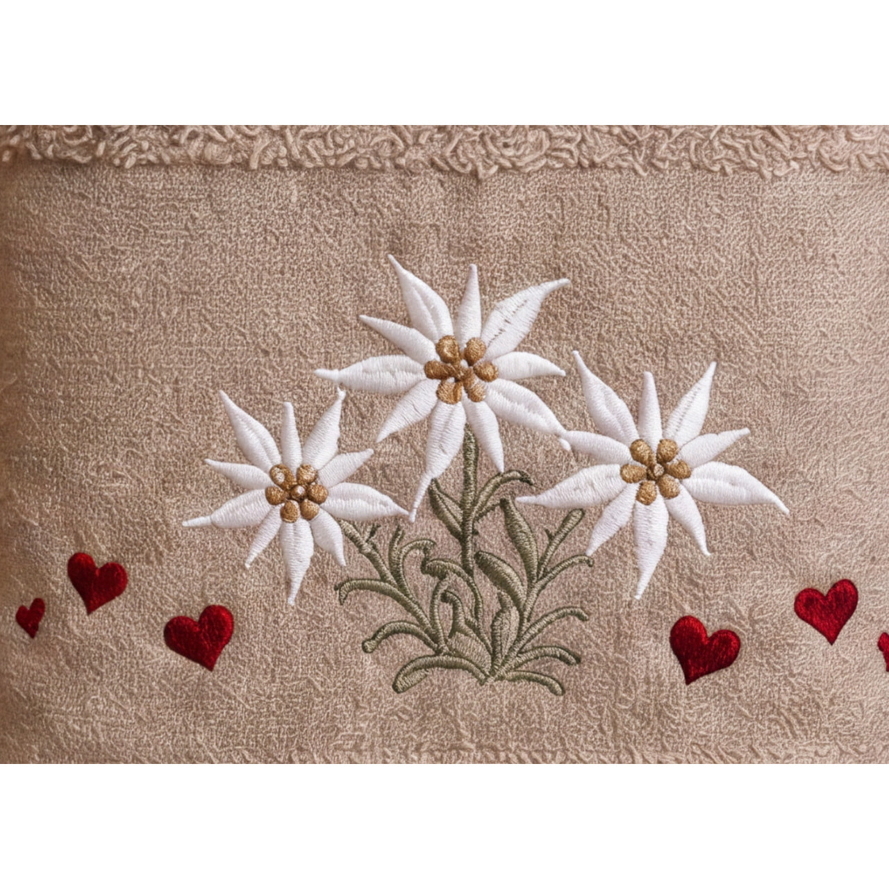 Set Asciugamano Ospite in Spugna 100% Cotone Fantasia Tirolese Natalizia Disegno Fiore delle Alpi Tortora