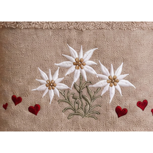Set Asciugamano Ospite in Spugna 100% Cotone Fantasia Tirolese Natalizia Disegno Fiore delle Alpi Tortora