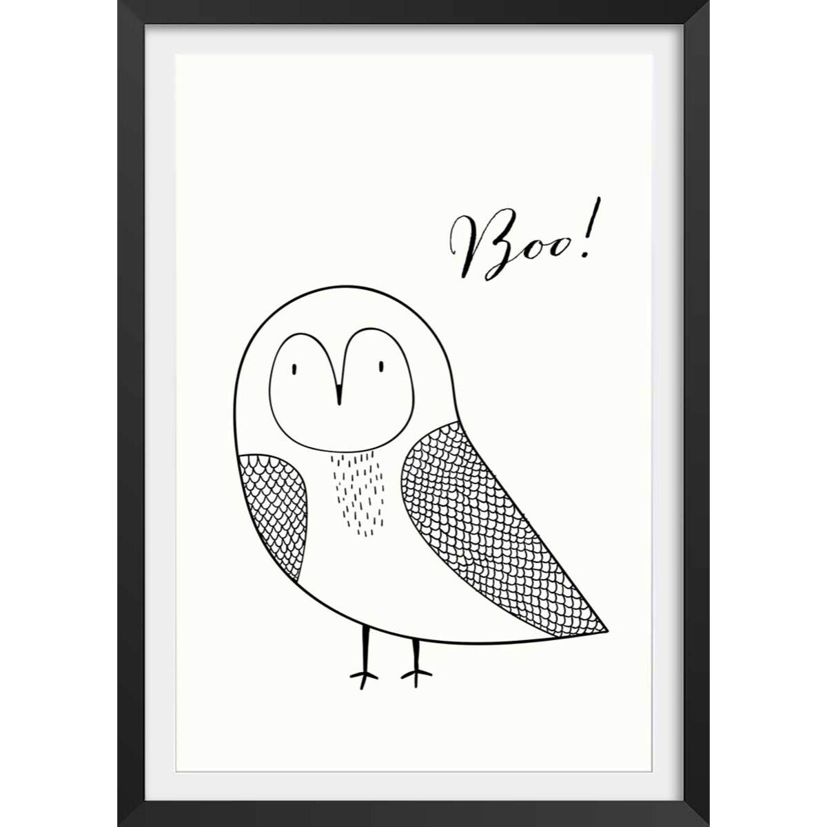 Affiche dessin ""hibou boo"" Affiche + cadre en bois - Noir