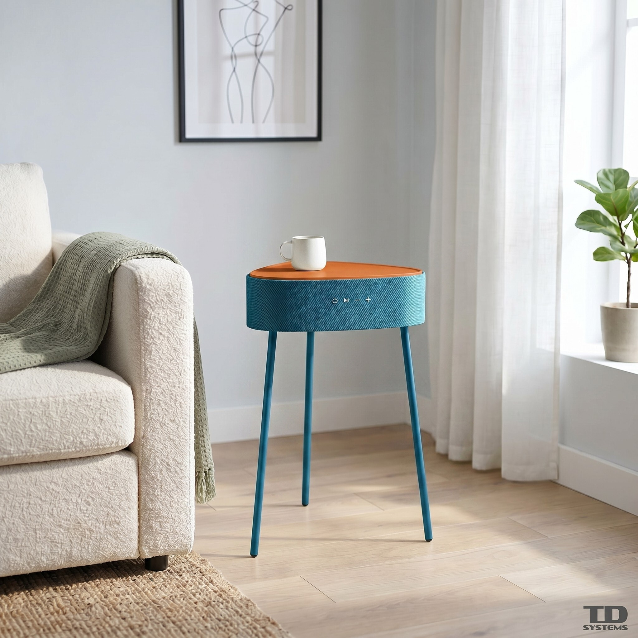 Mesa auxiliar altavoz portátil con sonido de 20W, Bluetooth, Base de carga inalámbrica, batería de 2500mAh. Mesilla o mesita para dormitorio o sala de estar - TD Systems SM20B11PN [Naranja]