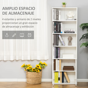 HOMCOM Estantería Librería con 4 Compartimentos Abiertos y 1 Armario con 2 Estantes Almacenaje Libros Plantas para Salón Estudio 59x29x180 cm Blanco