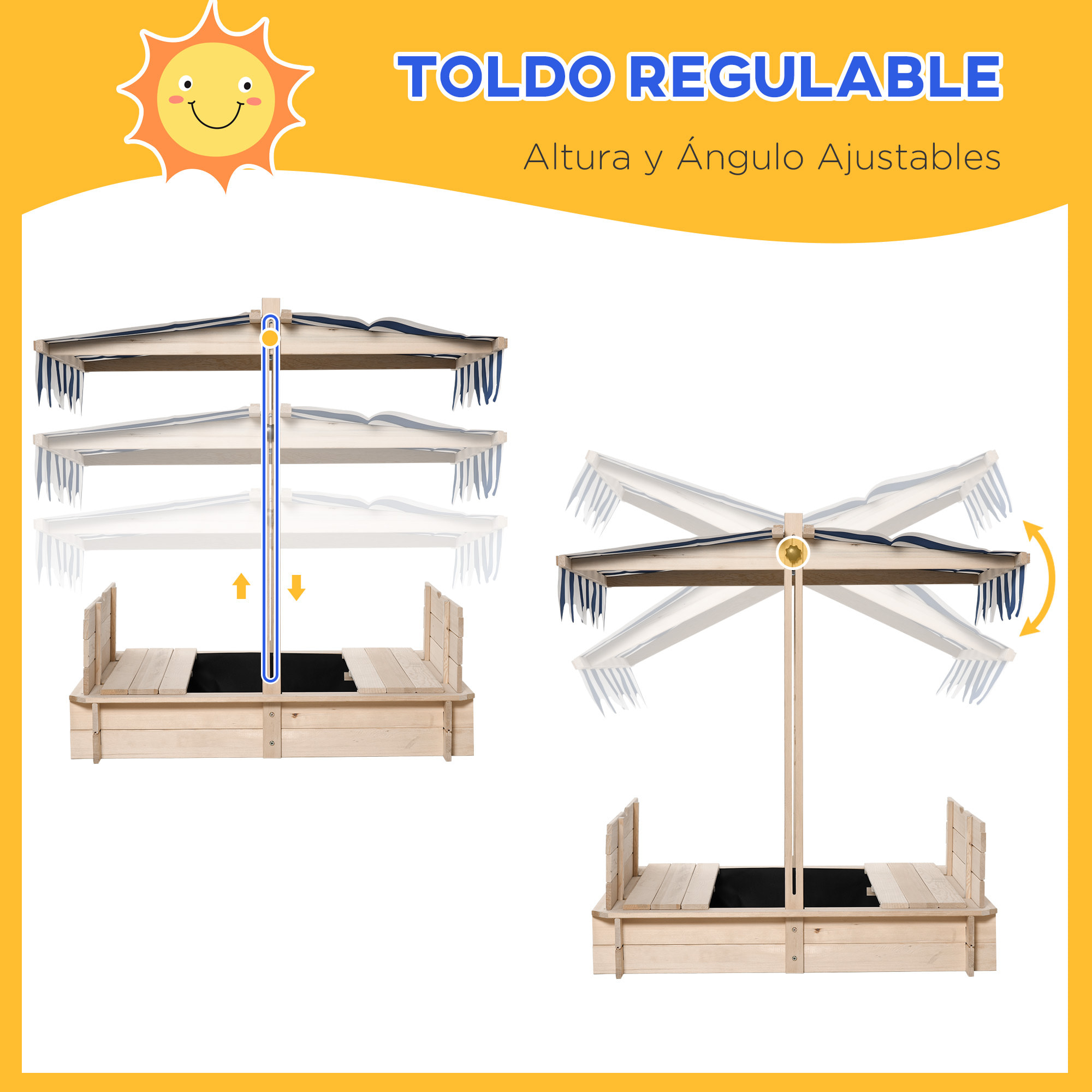 Arenero de Madera para Niños con Techo y Banco Toldo Ajustable 106x106x121 cm