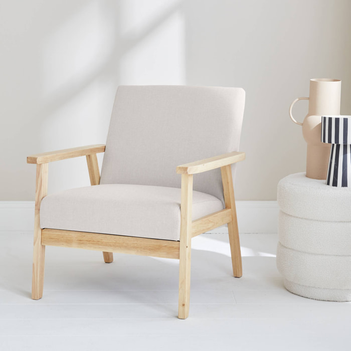 Fauteuil scandinave en bois et tissu crème. Isak. L 64 x P 69.5 x H 73cm