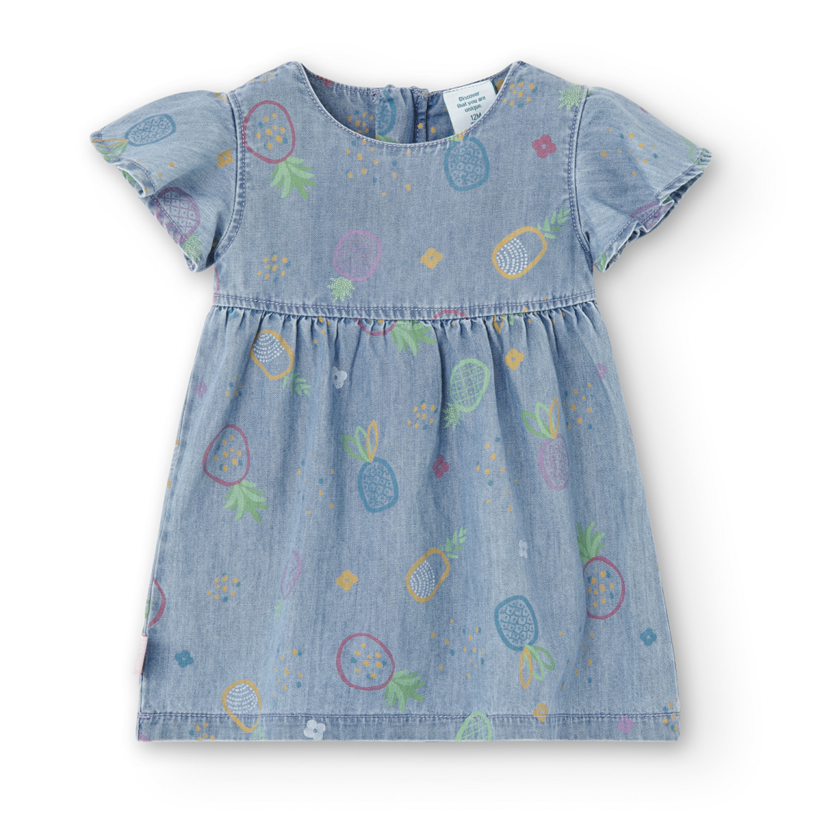 Vestido denim estampado niÃ±a, algodÃ³n, mangas cortas, verde