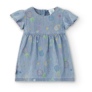 Vestido denim estampado niÃ±a, algodÃ³n, mangas cortas, verde