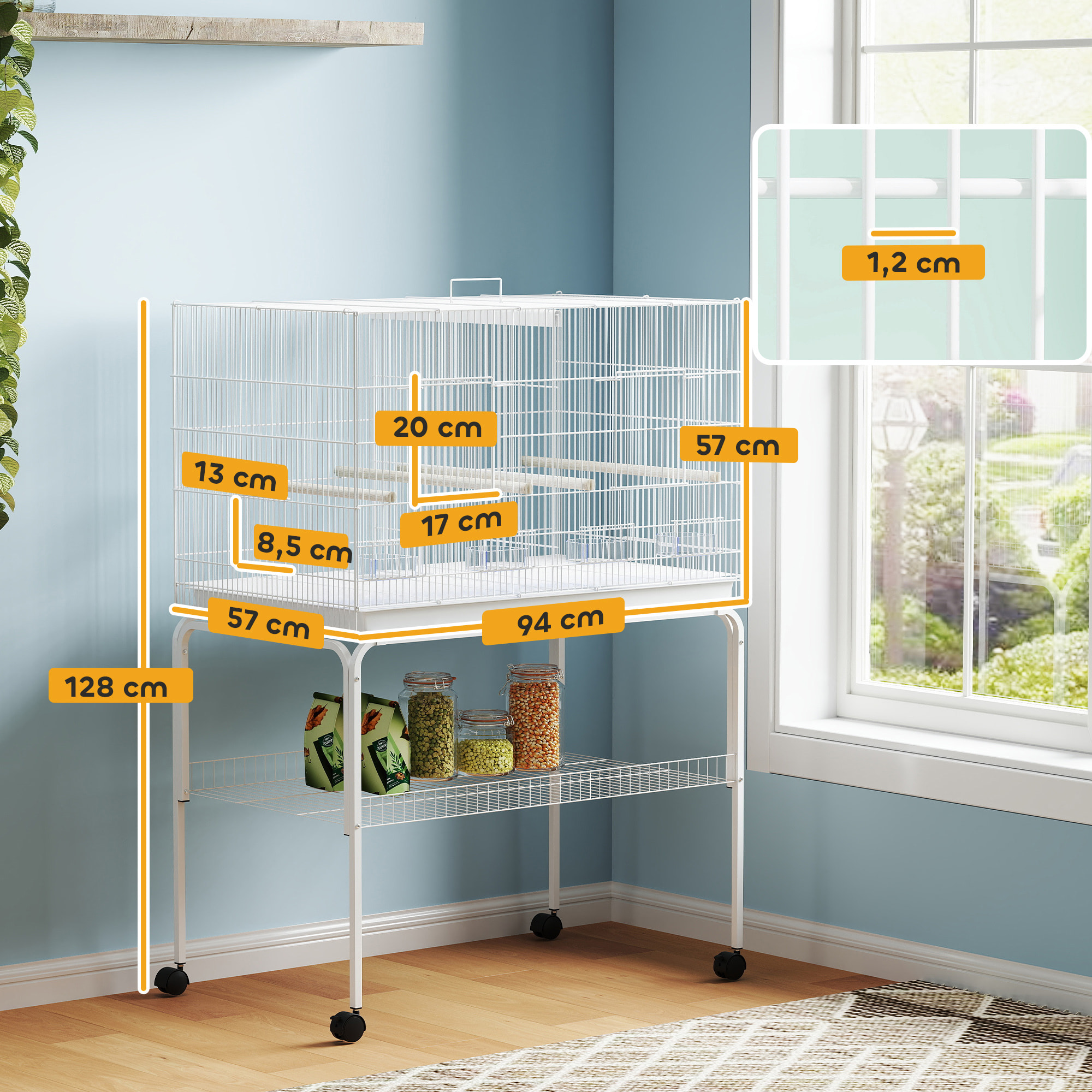 Jaula para Pájaros con Divisor Pajarera con Ruedas 4 Comederos 4 Perchas y Bandeja Extraíble Jaula para Loros Canarios Periquitos 94x57x128 cm Blanco