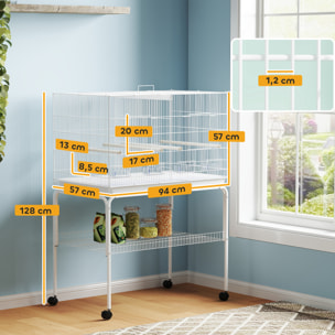 Jaula para Pájaros con Divisor Pajarera con Ruedas 4 Comederos 4 Perchas y Bandeja Extraíble Jaula para Loros Canarios Periquitos 94x57x128 cm Blanco