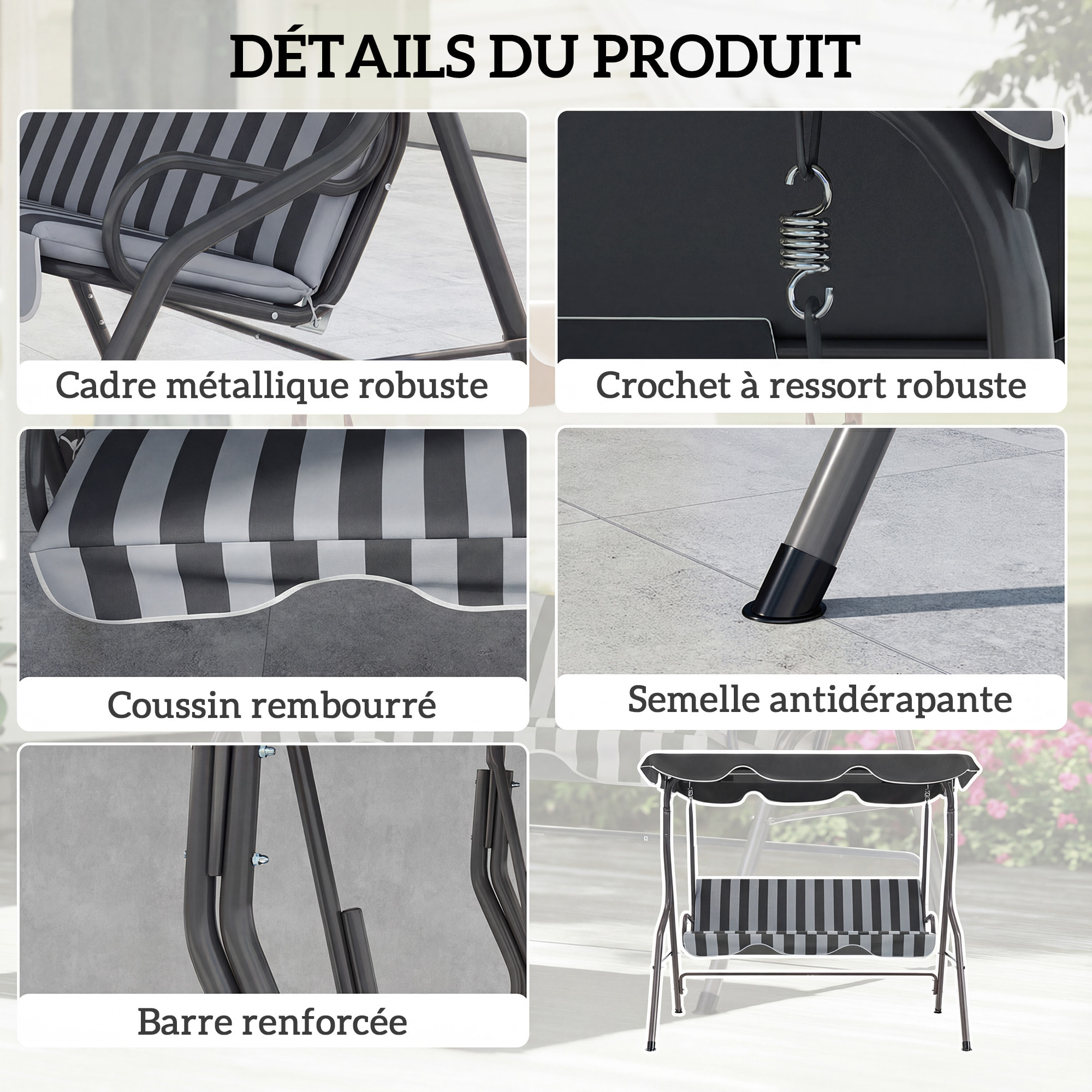 Balancelle de jardin 3 places coussins assise dossier gris blanc rayé