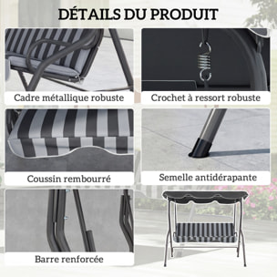 Balancelle de jardin 3 places coussins assise dossier gris blanc rayé