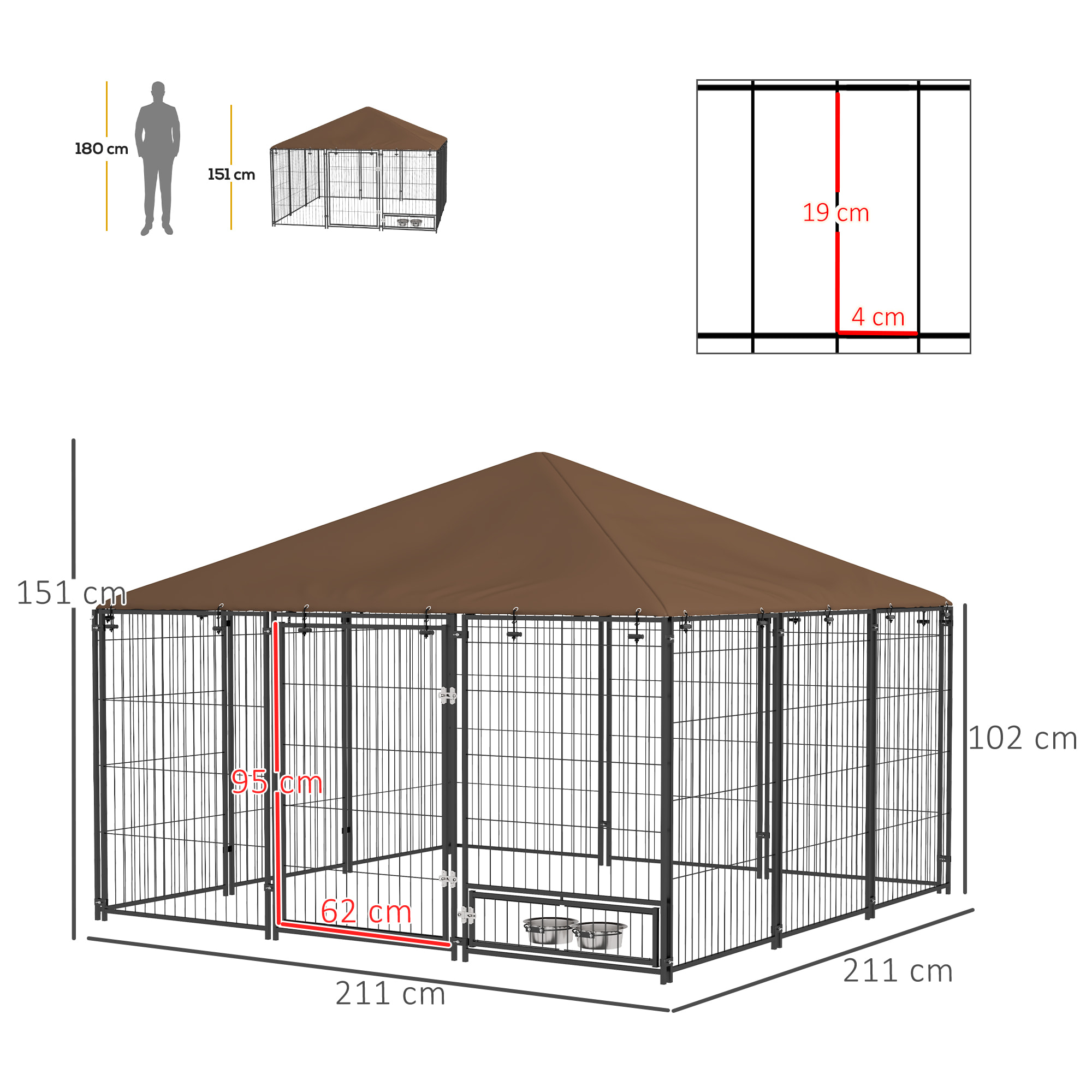 Perrera con Toldo Parque para Perros Metálica de Exterior con Soporte Giratorio para Comida 2 Cuencos para Patio Jardín Terraza 211x211x151 cm Negro