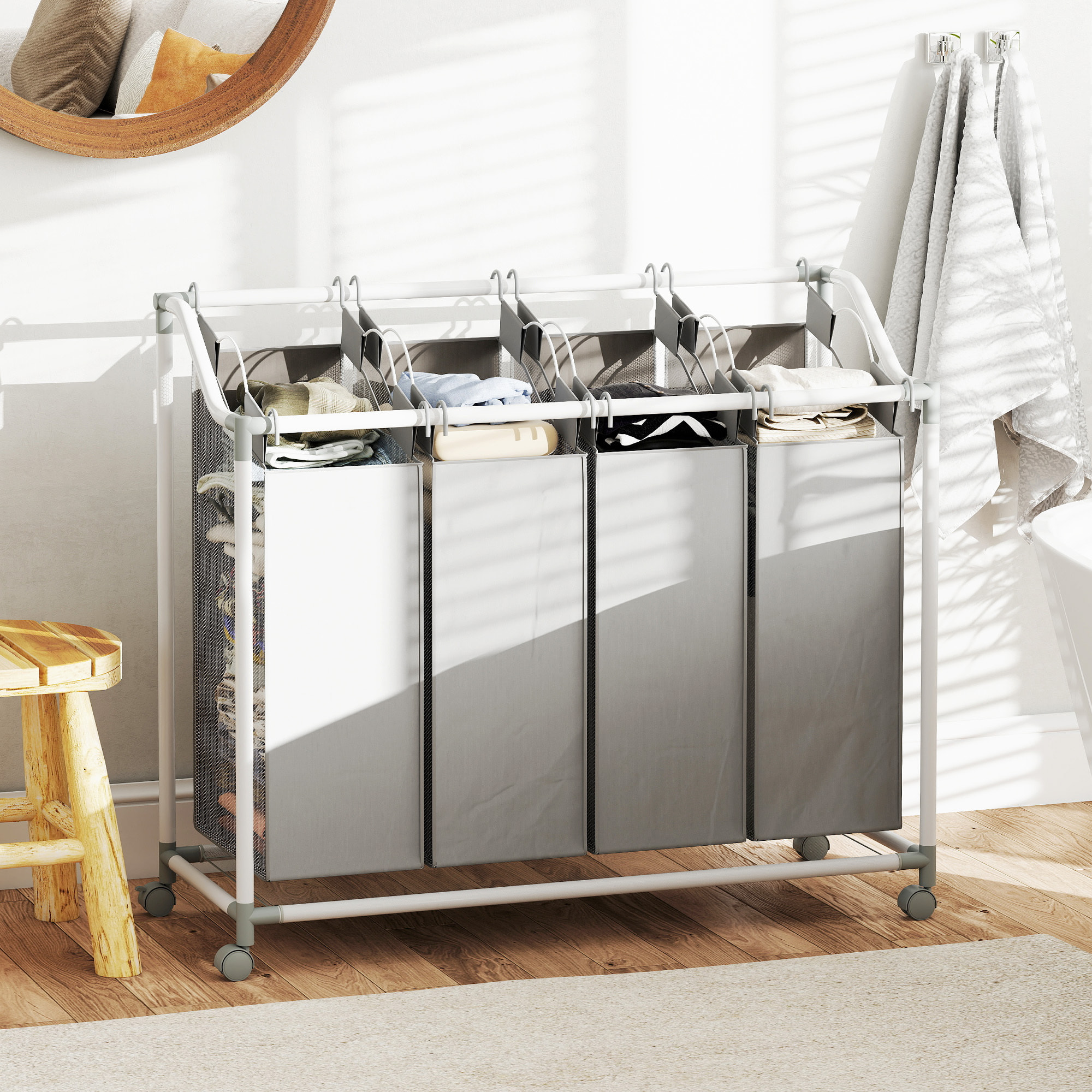 Panier à linge sur roulettes 4 sacs amovible métal tissu Oxford gris