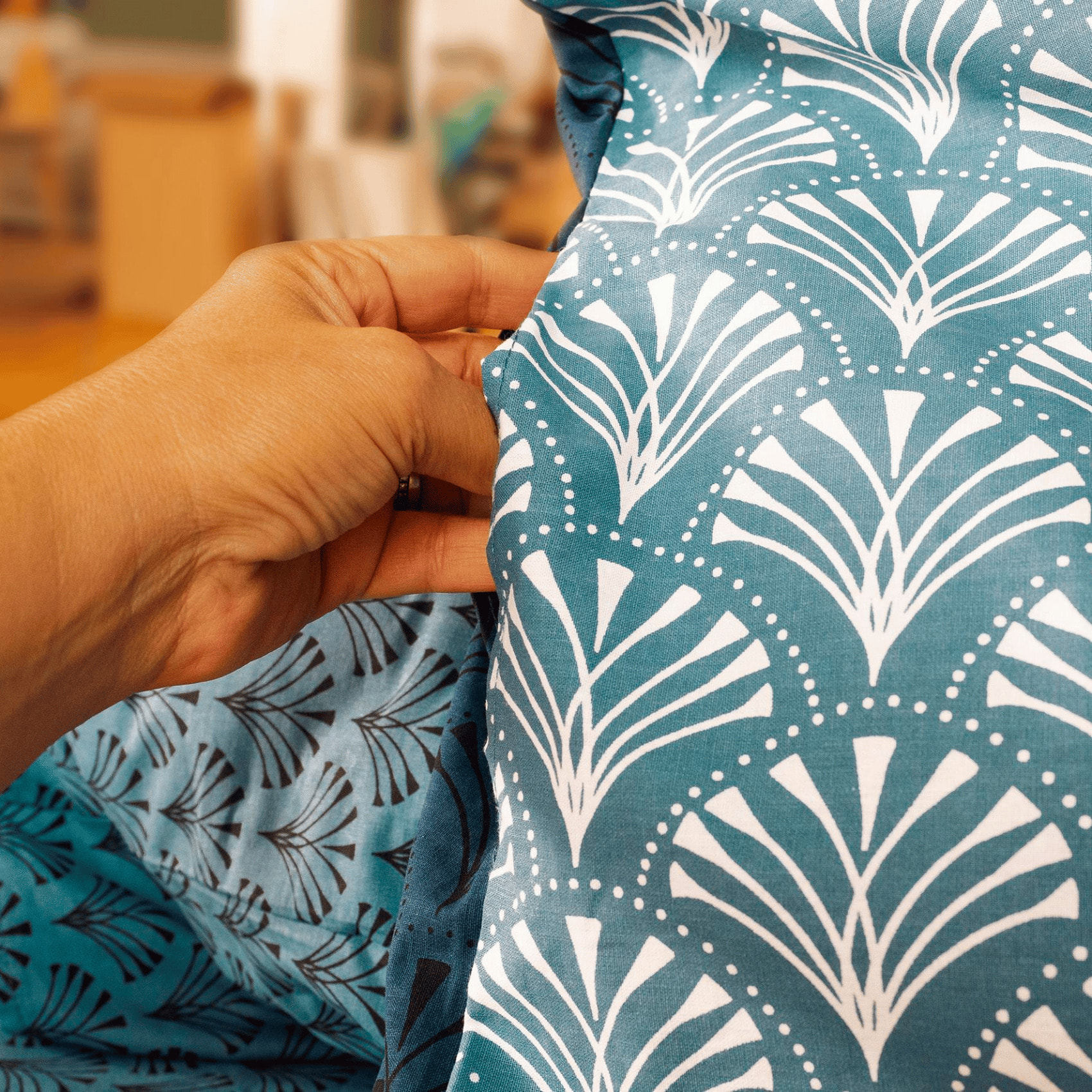 Parure de lit 3 pièces à motifs géométriques réversible - Bleu