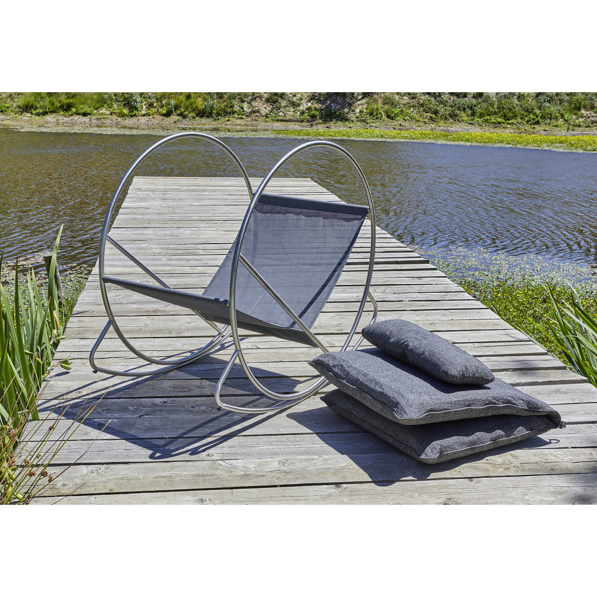 CAPRERA - Fauteuil à bascule de jardin en inox et toile plastifiéee