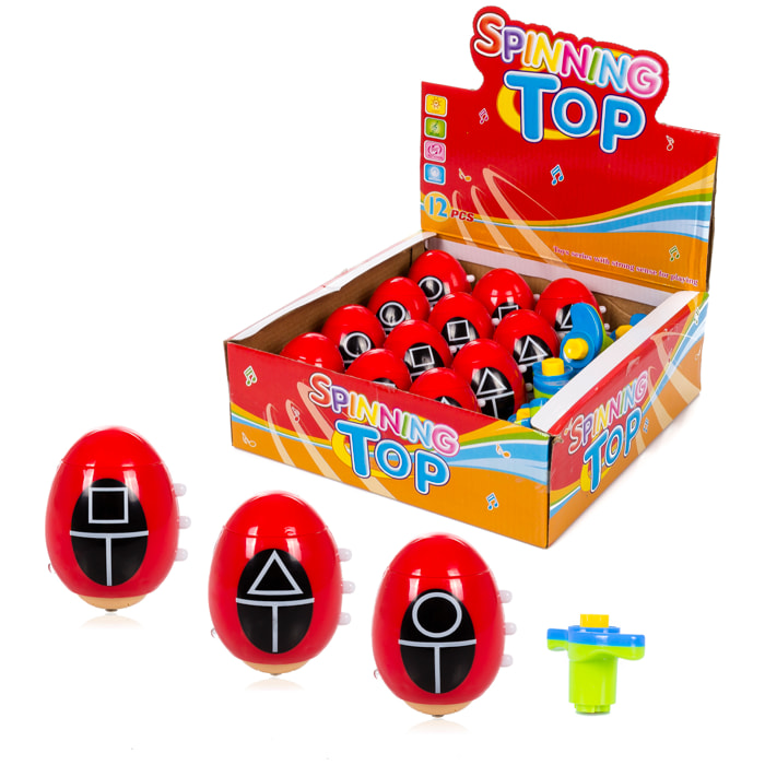 Espositore 12 pz. Spinning Top Squid Egg con luci LED colorate e musica. Modelli Vigilantes assortiti.