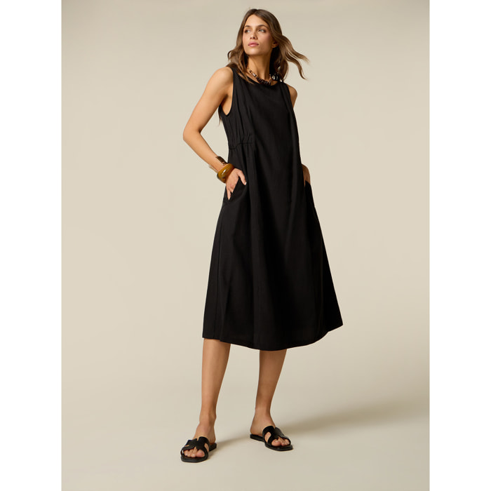 Oltre - Vestido acampanado mezcla de lino con collar - Negro