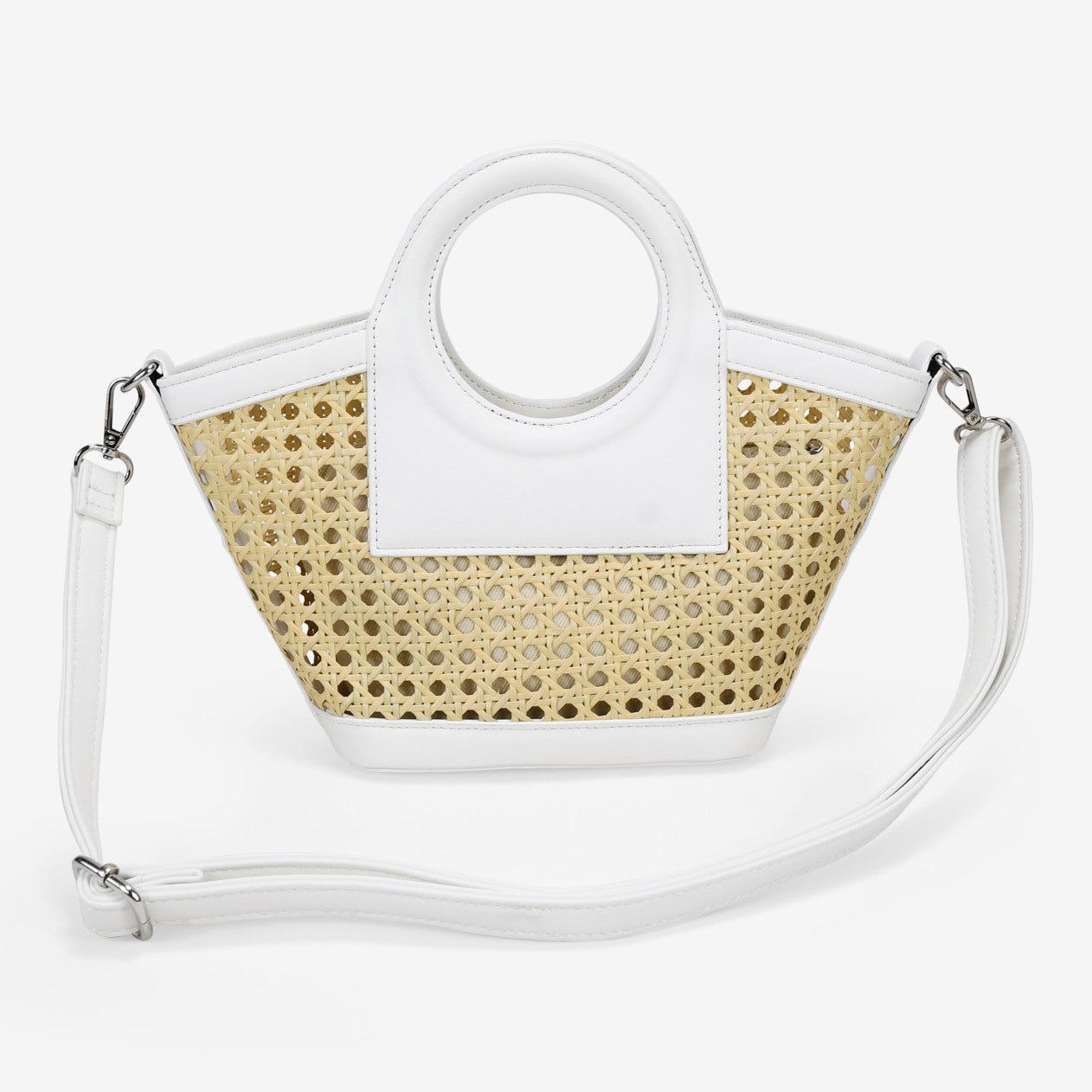 Bolso de mano beige pequeño con rejilla de mimbre