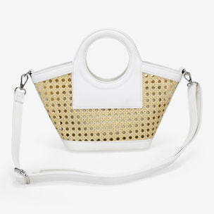 Bolso de mano beige pequeño con rejilla de mimbre