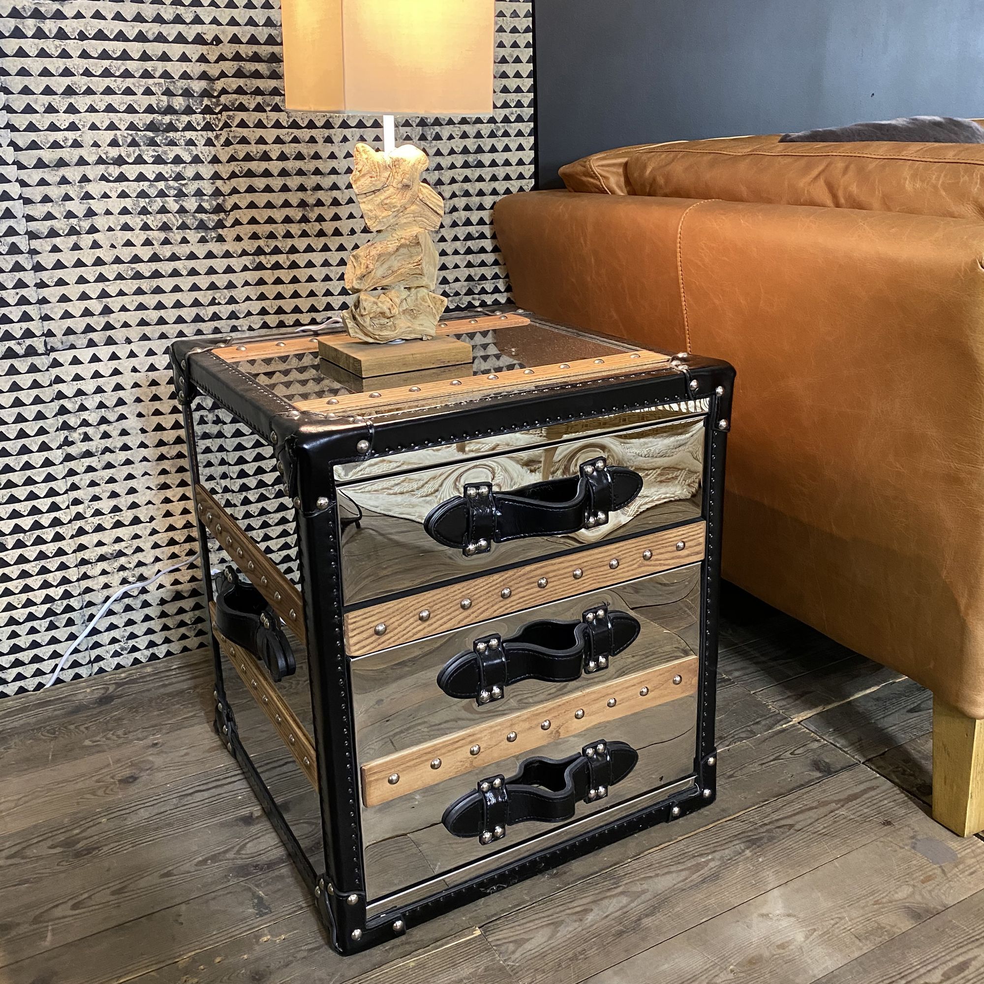 Meuble d'appoint 3 tiroirs en acier inoxydable et cuir