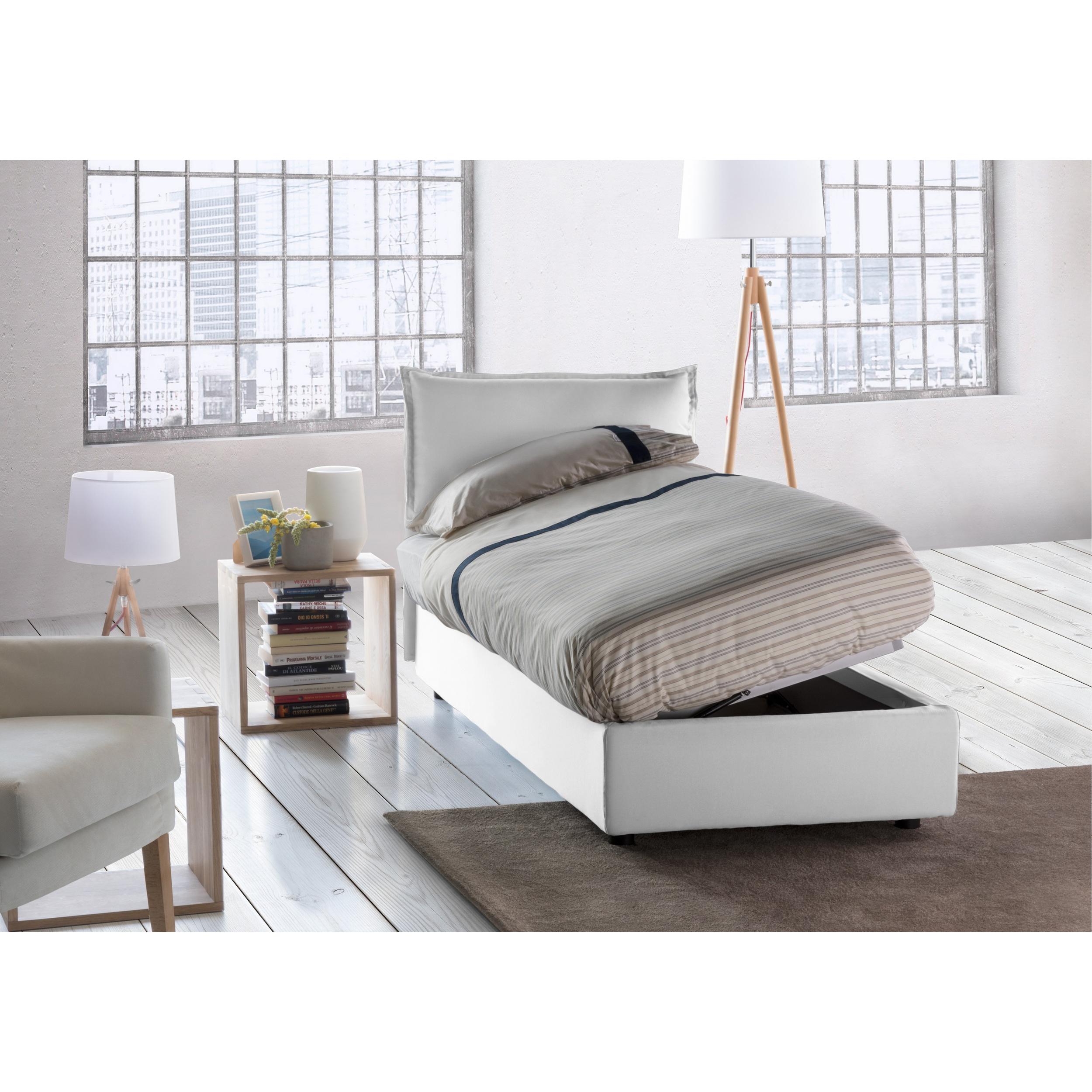 Letto singolo Roberta, Letto contenitore con rivestimento in tessuto, 100% Made in Italy, Apertura laterale, con materasso Cm 80x190 incluso, Bianco