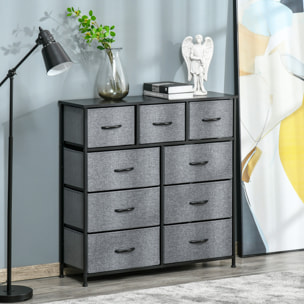 Meuble de rangement commode 9 tiroirs plateau acier MDF noir non tissé gris