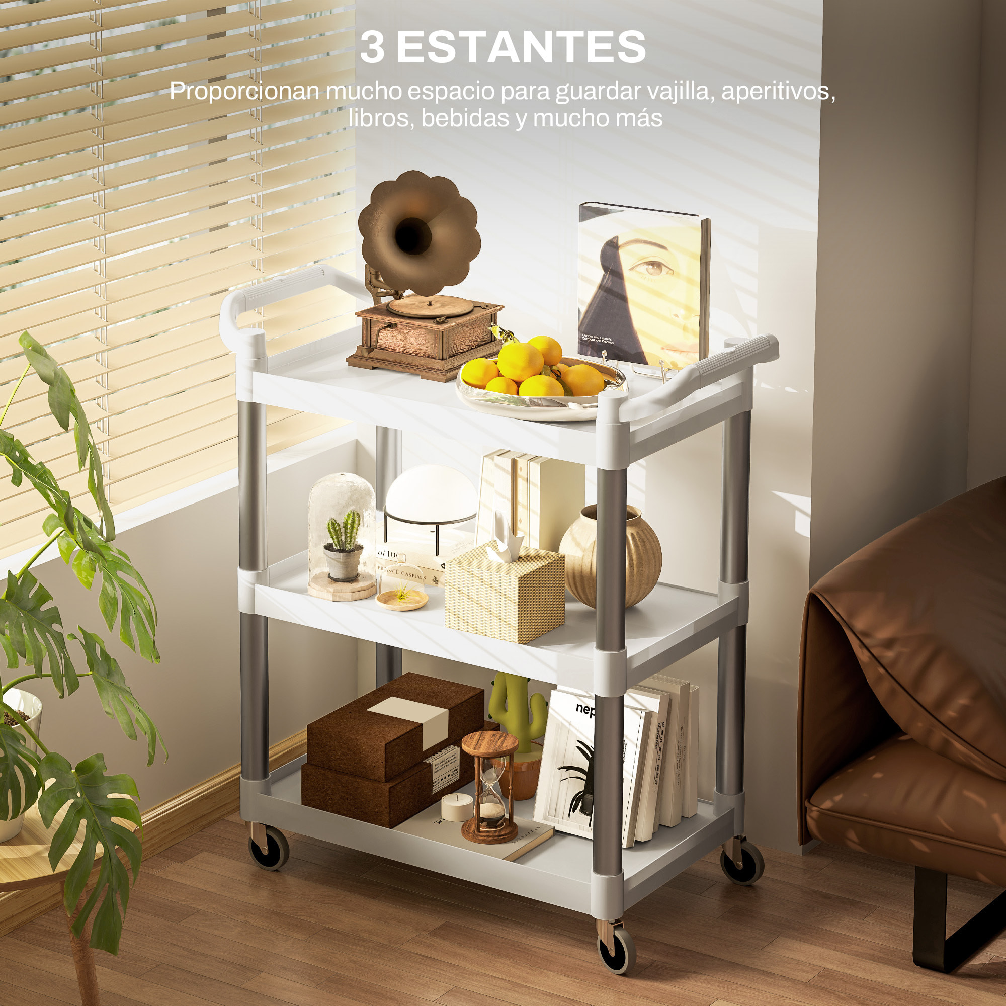 Carrito Auxiliar con Ruedas de Aleación de Aluminio Carrito de Cocina de 3 Niveles Carrito de Almacenamiento Carga 105 kg para Comedor Sala Baño 88x44x93 cm Blanco