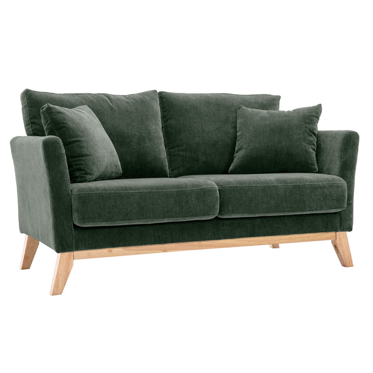 Canapé scandinave déhoussable 2 places en tissu effet velours vert kaki et bois clair OSLO