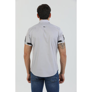 Camicia Uomo Manica Corta 2 Bottoni Button Down 7 Botto Popeline Stretch Unito Grigio