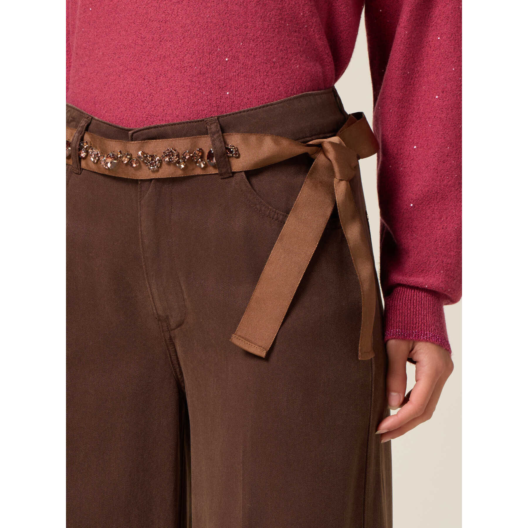 Oltre - Cinturón en gros grain con engastes - Marrón