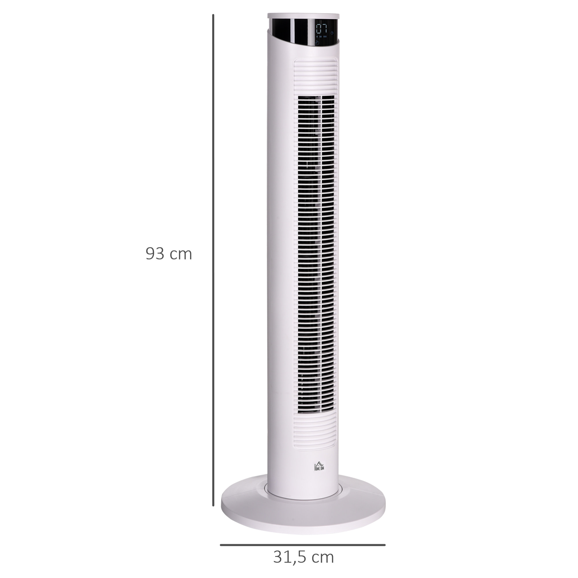 Ventilador de Torre Oscilante 45W con Control Remoto Temporizador de 12€¯h 3 Velocidades 3 Modos Pantalla LED y Asa de Transporte para Dormitorio Ø31,5x93 cm Blanco