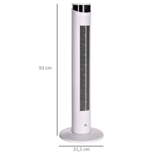 Ventilador de Torre Oscilante 45W con Control Remoto Temporizador de 12€¯h 3 Velocidades 3 Modos Pantalla LED y Asa de Transporte para Dormitorio Ø31,5x93 cm Blanco