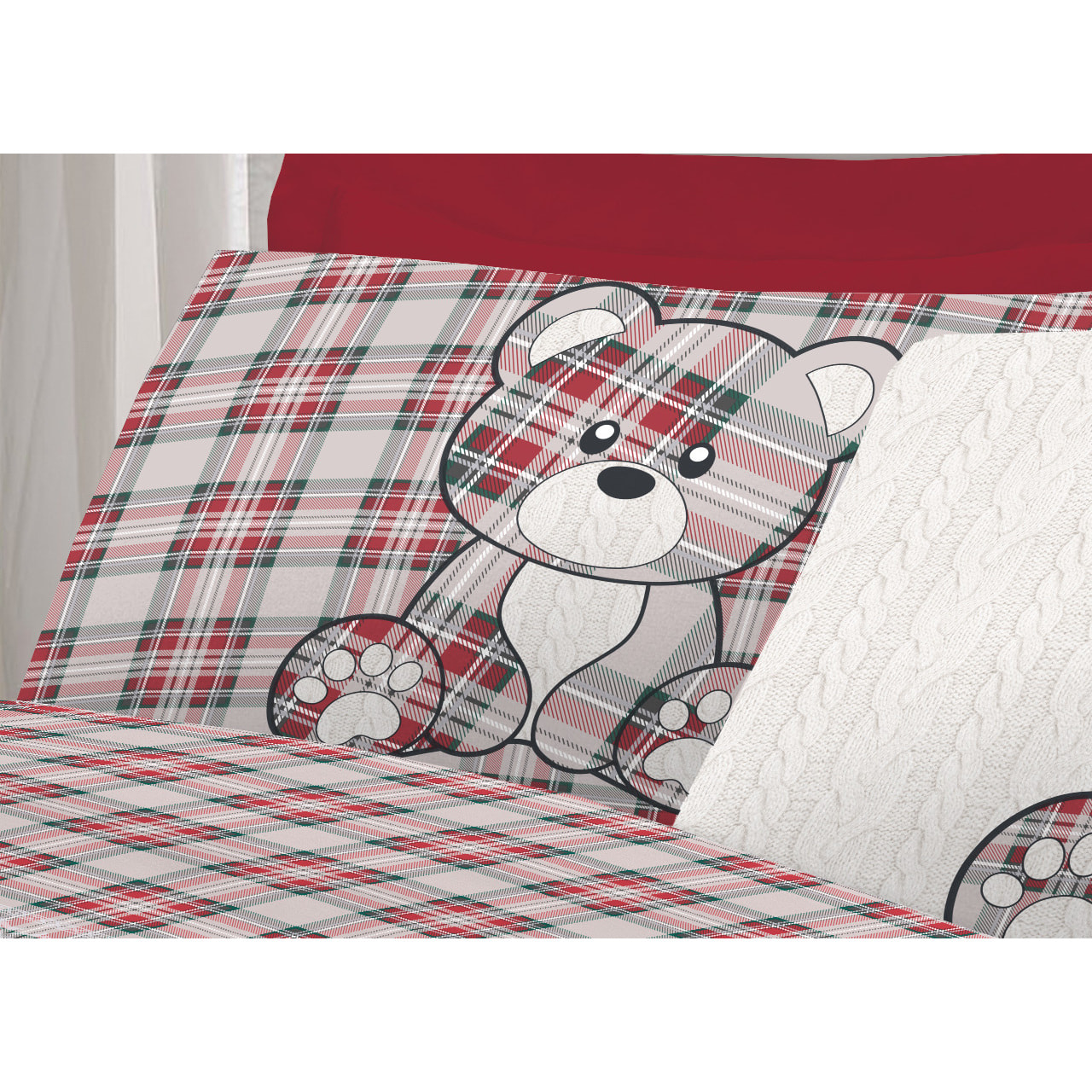 Completo Lenzuola in Calda Flanella Fantasia Orsetto Tartan Rosso