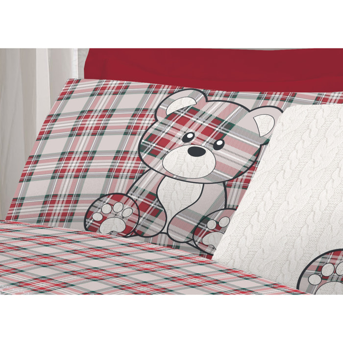 Completo Lenzuola in Calda Flanella Fantasia Orsetto Tartan Rosso