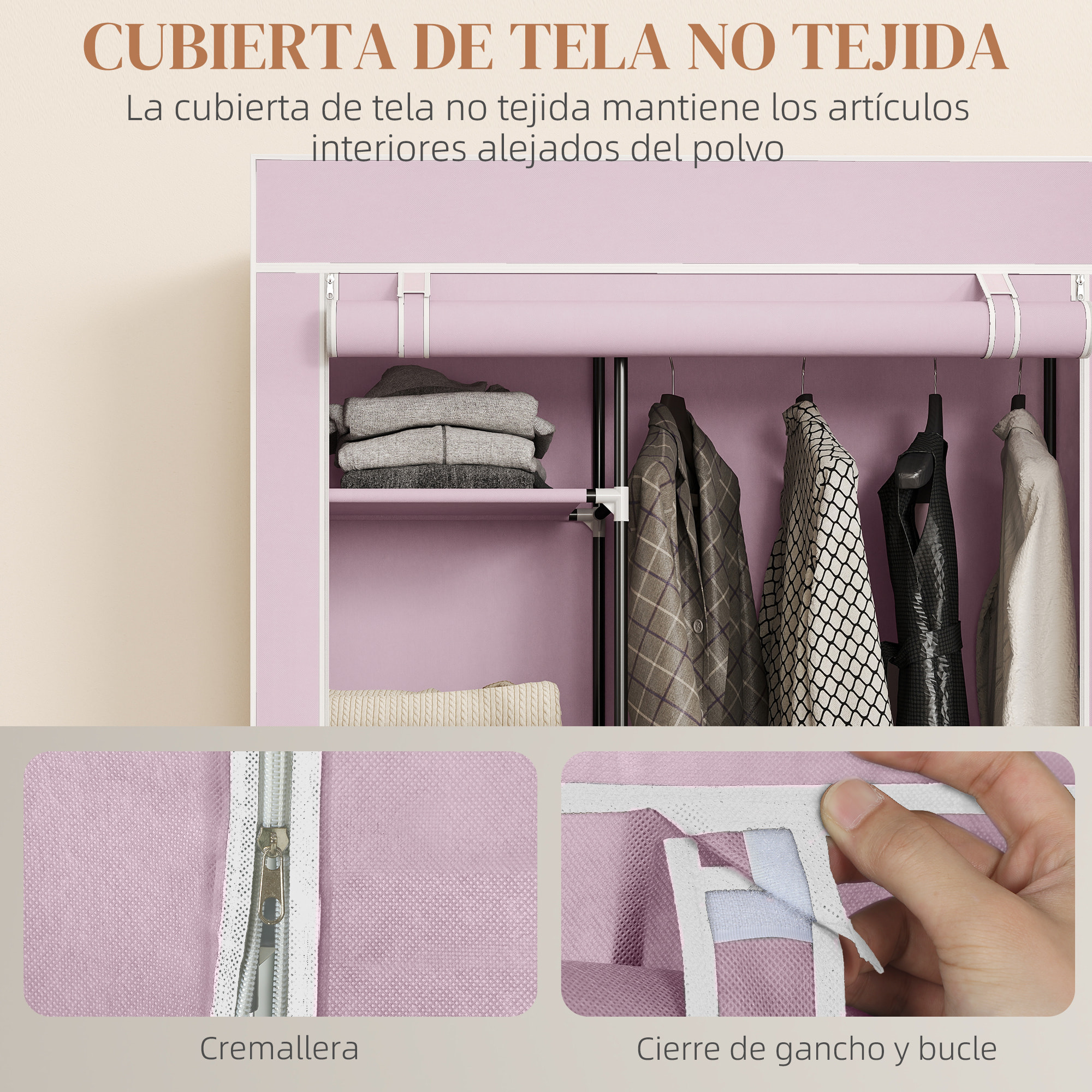 Armario de Tela con Ruedas, Armario Portátil, con Barra para Colgar, 6 Estantes, Marco de Acero, para Dormitorio, Vestidor, 103x43x162,5 cm, Rosa