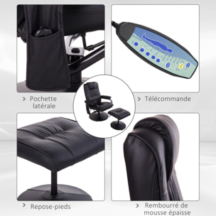 Fauteuil de massage et relaxation électrique pivotant inclinable avec repose-pied revêtement synthétique noir