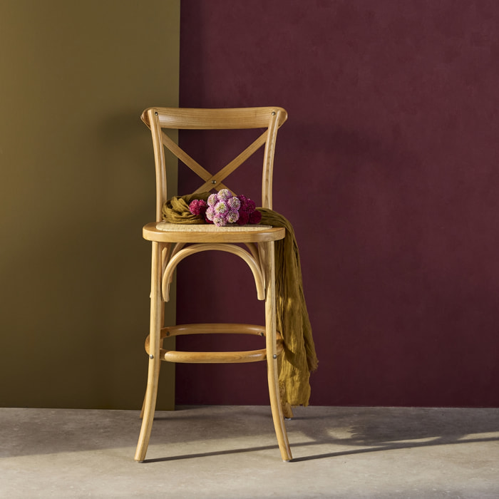 Tabouret de bar bistrot vintage en bois naturel avec repose-pieds