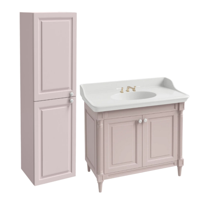 Pack meuble vasque 3 trous Cléo 1889 rose velours + colonne gauche + mélangeur poignés or