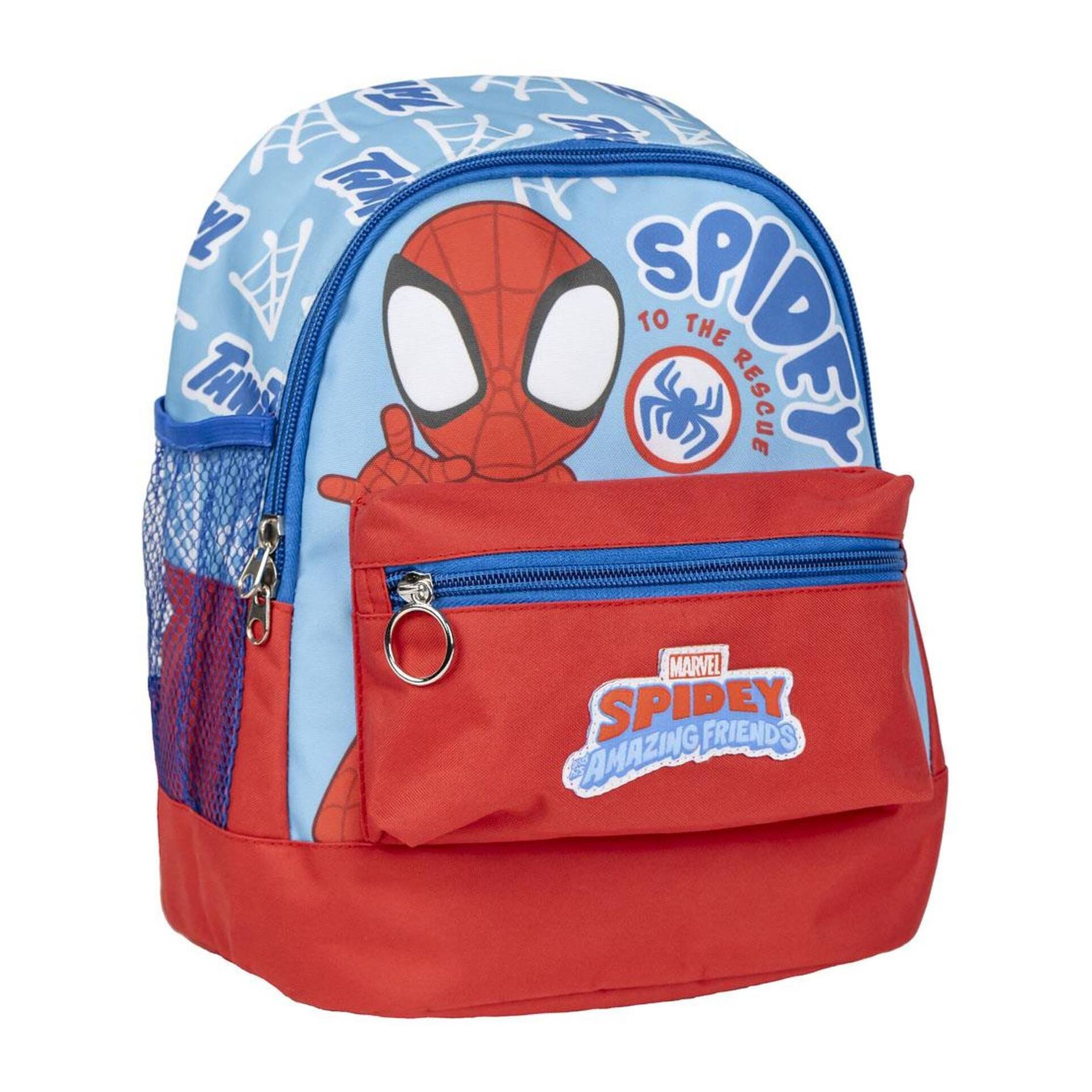 Mochila estilo trekking de spidey - color azul y rojo - 23x27x15 cm - fabricada con poliéster - varios bolsillos - cinturón y asas ajustables