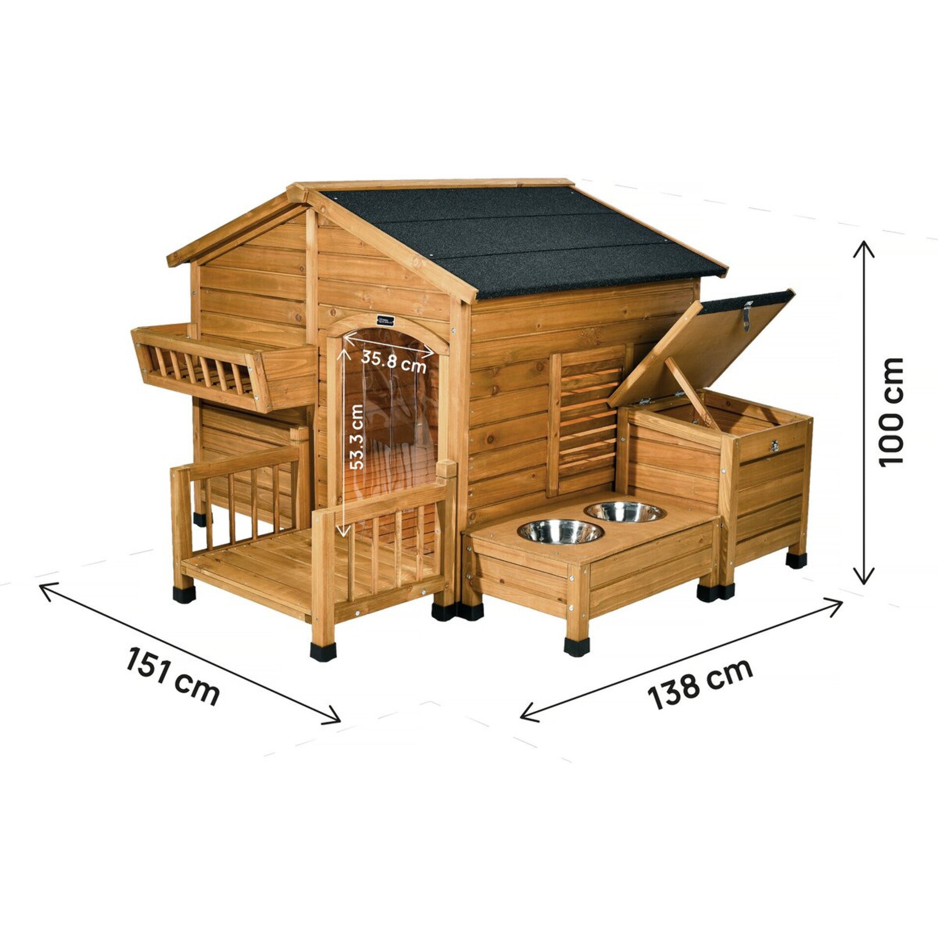 Niche pour chien en bois avec mangeoire et boite de rangement "Rusty" - 151 x 138 x 100 cm - Marron