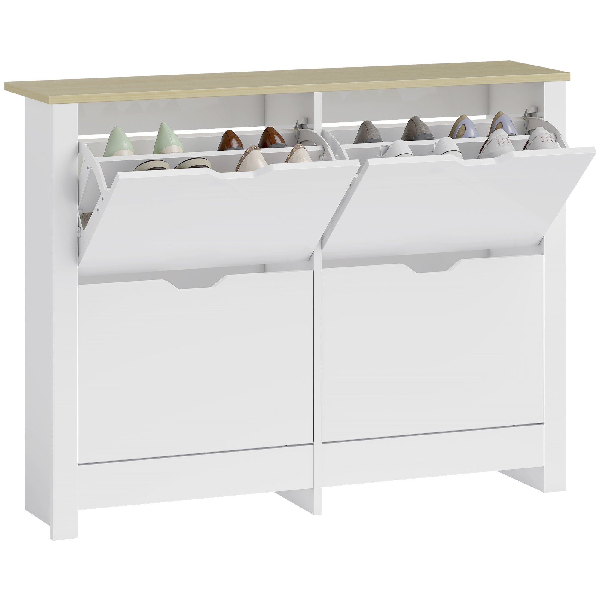 Armoire à chaussures 4 portes abattantes 2 compartiments panneaux particules blanc chêne