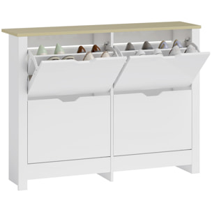 Armoire à chaussures 4 portes abattantes 2 compartiments panneaux particules blanc chêne