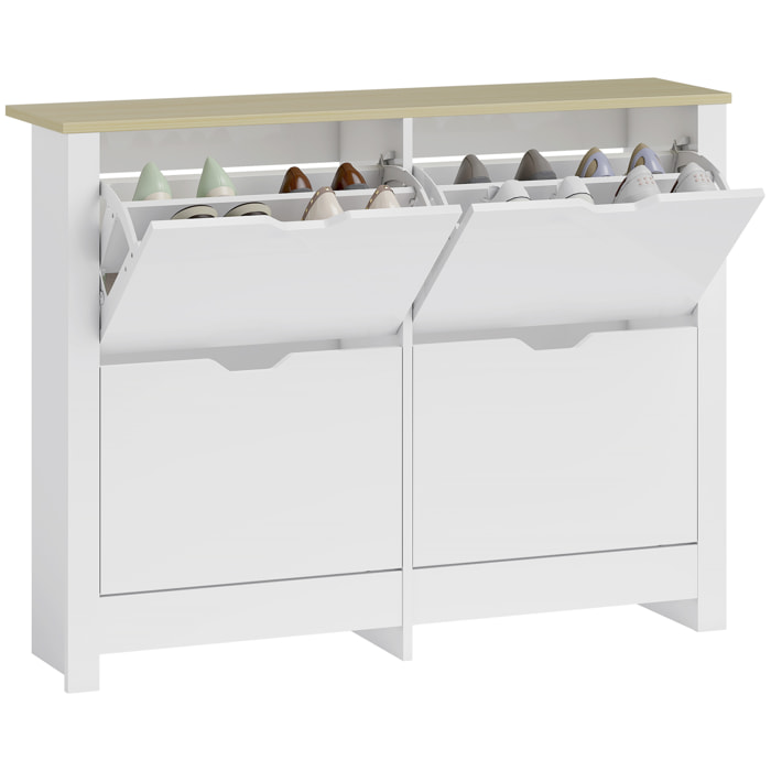 Armoire à chaussures 4 portes abattantes 2 compartiments panneaux particules blanc chêne