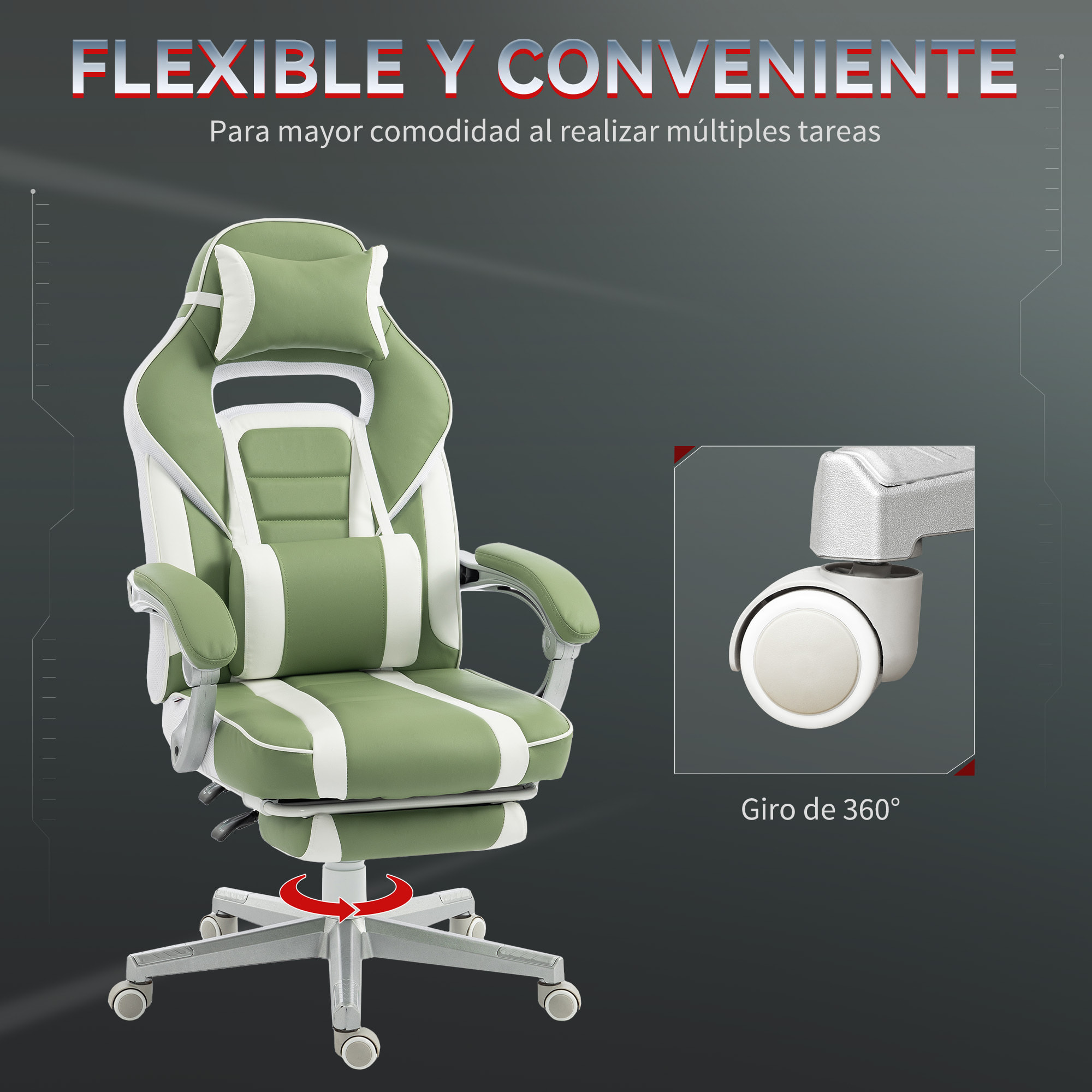 Silla Gaming, Silla Gamer Reclinable, con Altura Ajustable, Reposapiés Retráctil, Soporte Lumbar y Reposacabezas Desmontable, para Oficina, Estudio, Verde