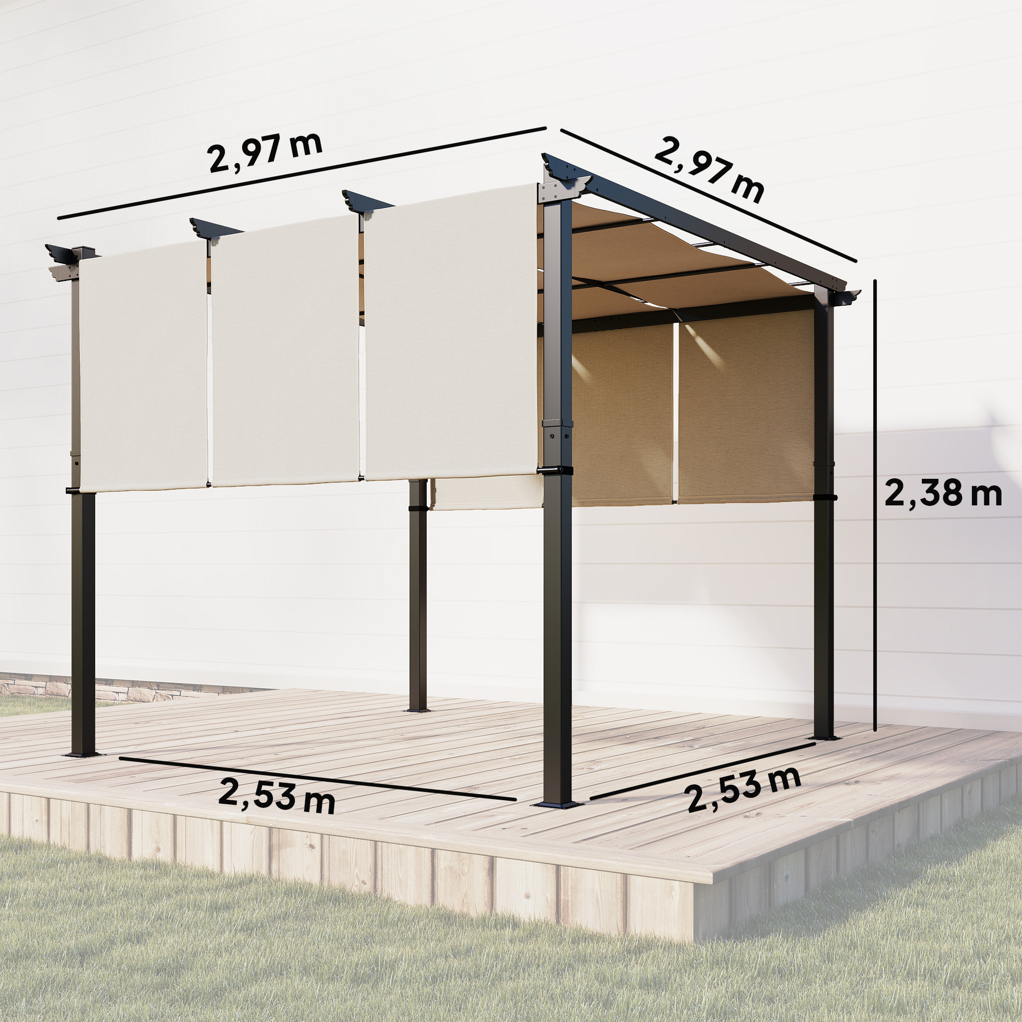 Pergola 3 toiles coulissantes - dim. 2,97L x 2,97l x 2,38H m - acier époxy polyester haute densité beige