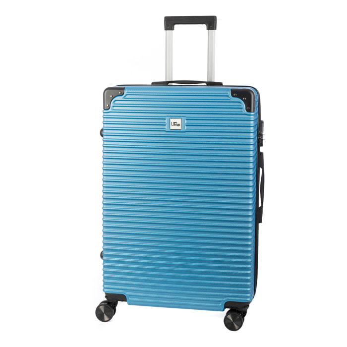DAM Valigia media trolley rigida ultraleggera, in ABS ad alta resistenza con angoli rinforzati. Chiusura numerica e 4 ruote doppie estraibili e girevoli a 360°. 46x27x70 Cm. Colore: Blu Denim