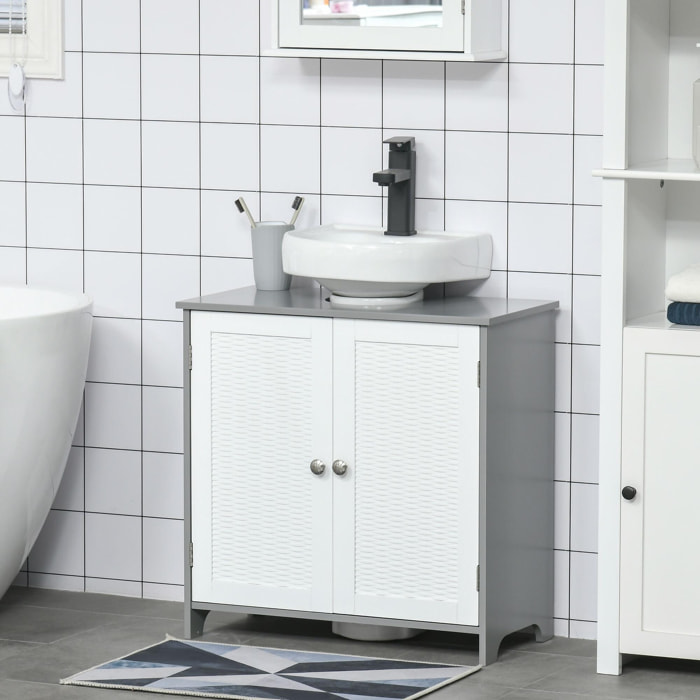 Meuble salle de bain - meuble sous-vasque - placard 2 portes aspect résine tressée avec étagère - MDF blanc gris