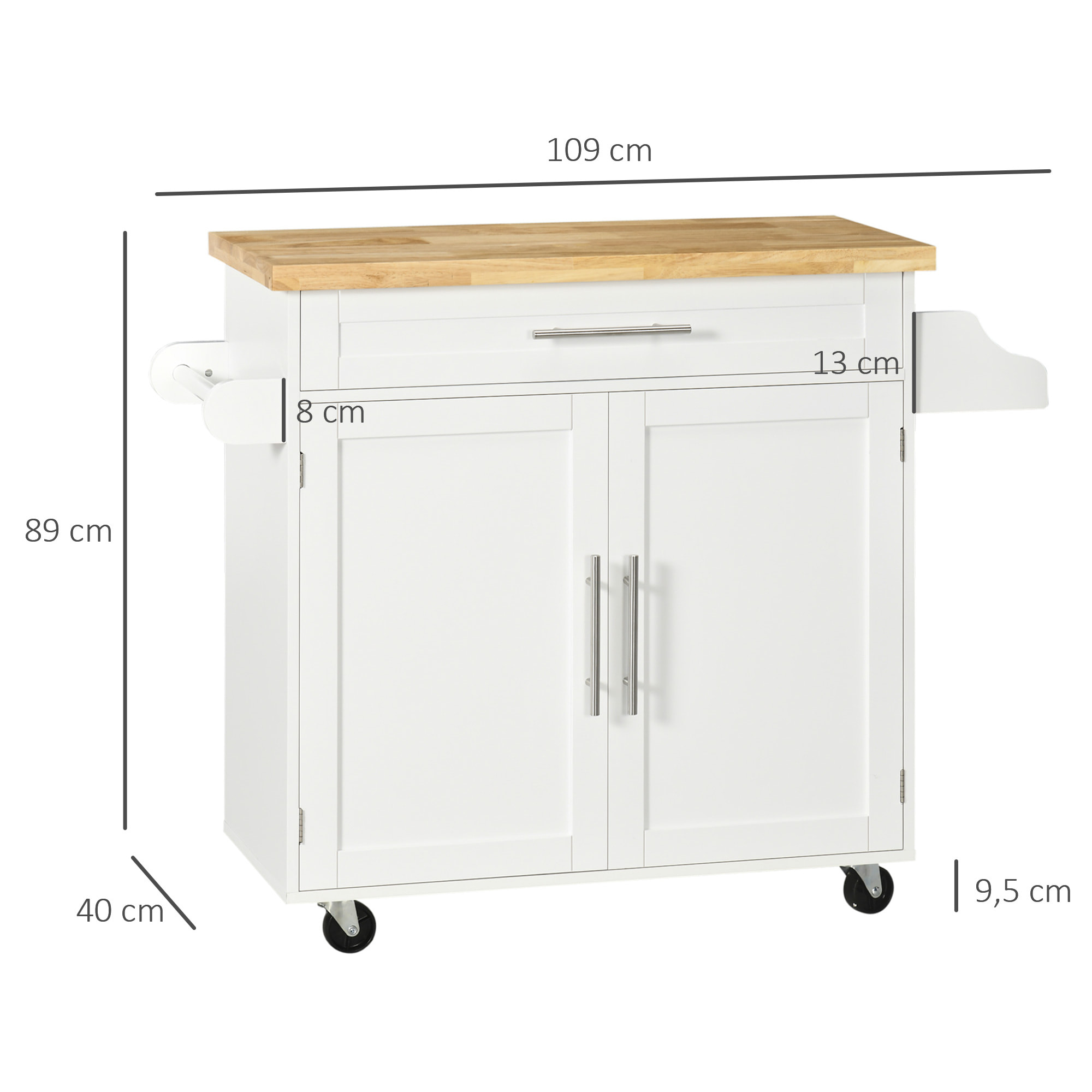 Isla de Cocina con Ruedas, Carro de Cocina con Cajón, 2 Puertas, Especiero, Barra para Paños y Estante Ajustable, para Comedor, 109x40x89 cm, Blanco